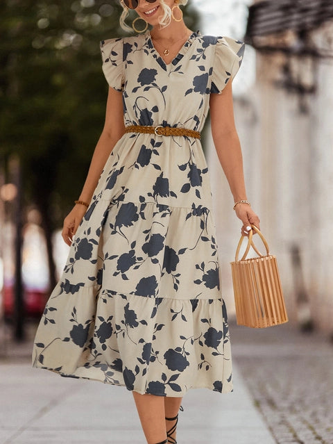 Tiered Printed Flying Sleeve Dress
