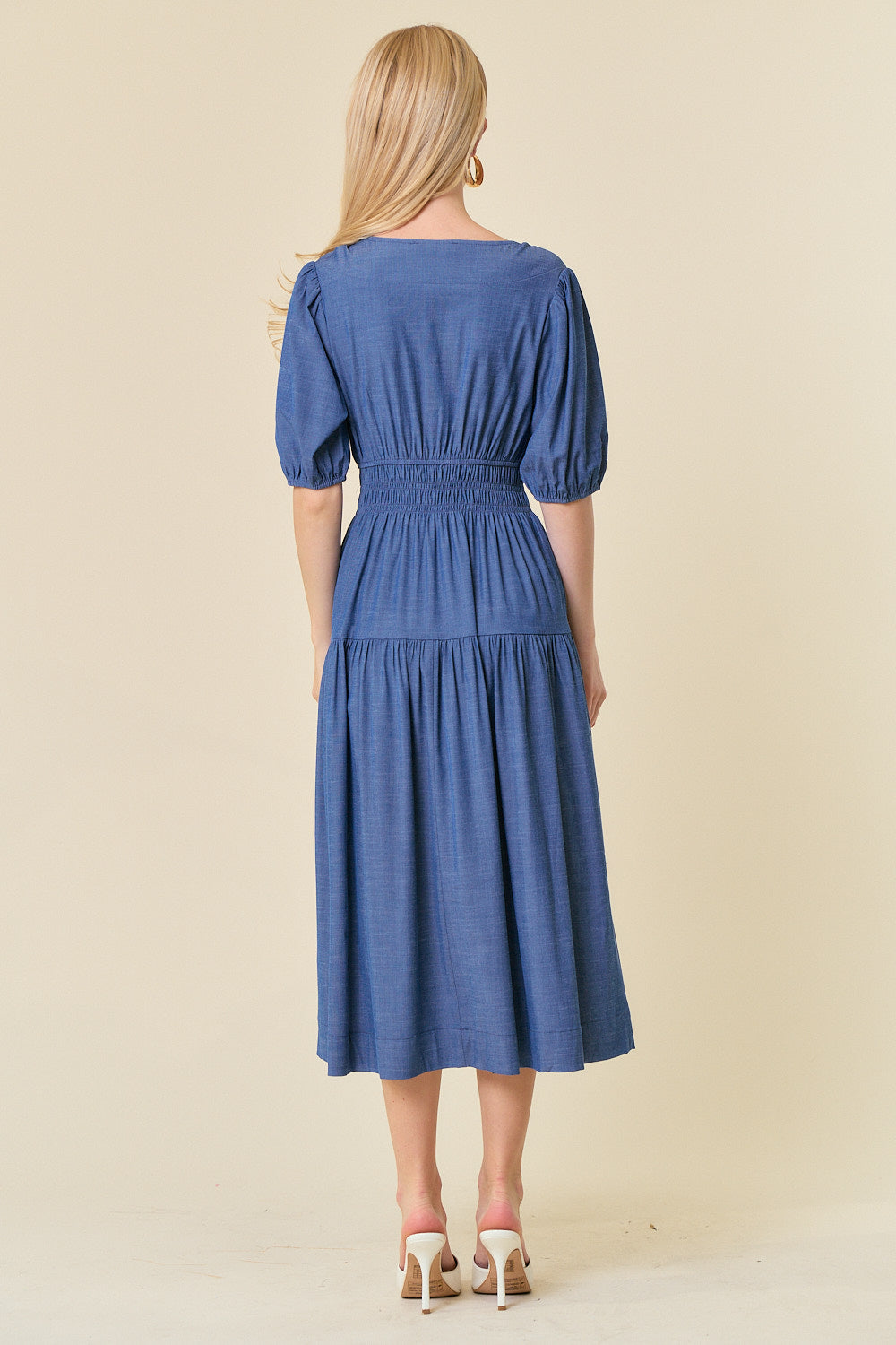 Tencel Blend V-Neck Puff Short Sleeve Dress