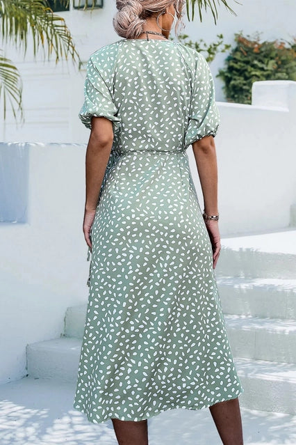 Cross V Neck Stone Flower Split Dress