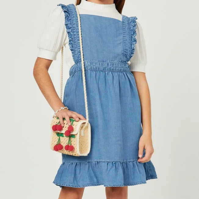 Girls Ruffled Strap Denim Overall Dress