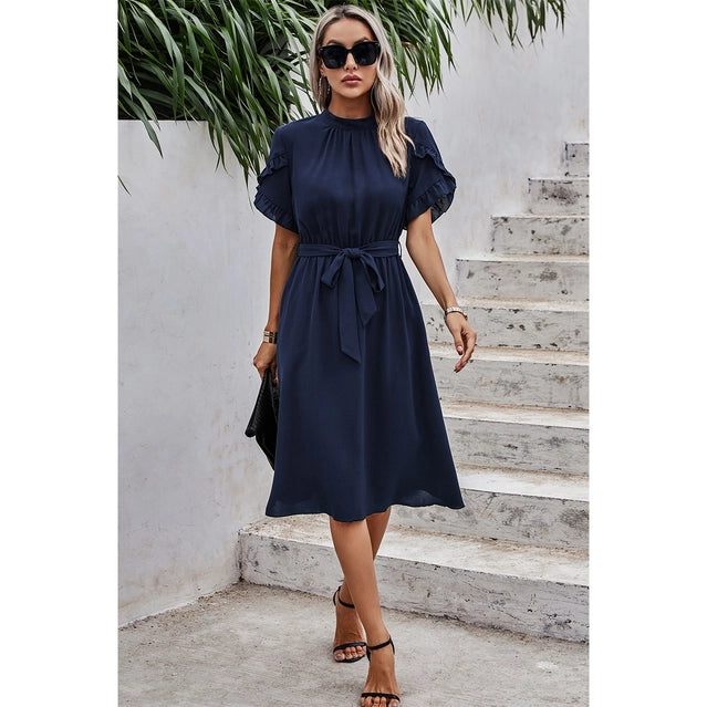 Puff Hem Ruffle Sleeve Belt Dress