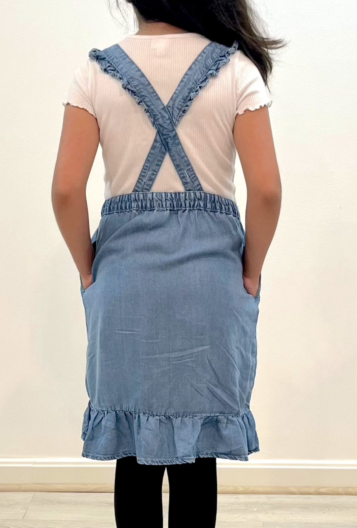 Girls Ruffled Strap Denim Overall Dress