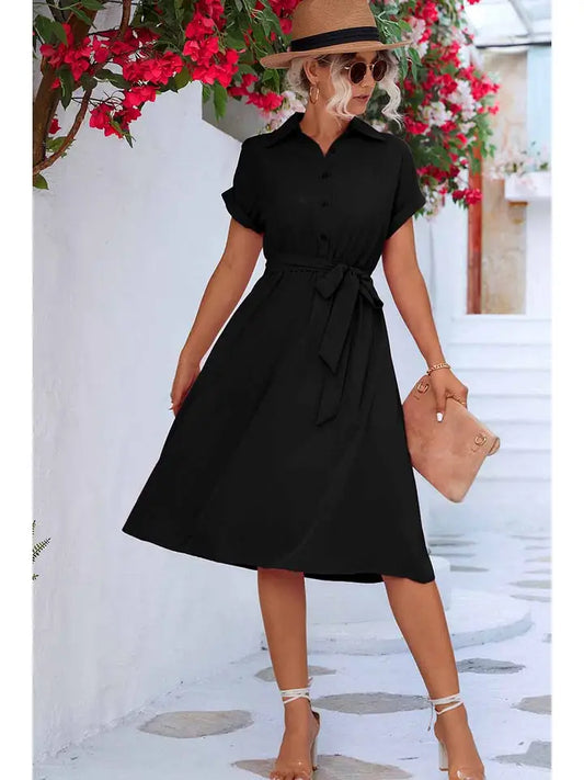 Roll Up Sleeve Tied Waist Shirt Dress