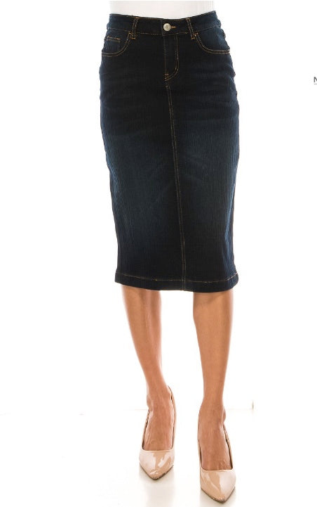 The "Aleida" Denim Calf Length Pencil Skirt
