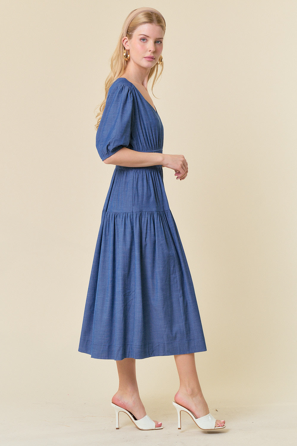 Tencel Blend V-Neck Puff Short Sleeve Dress