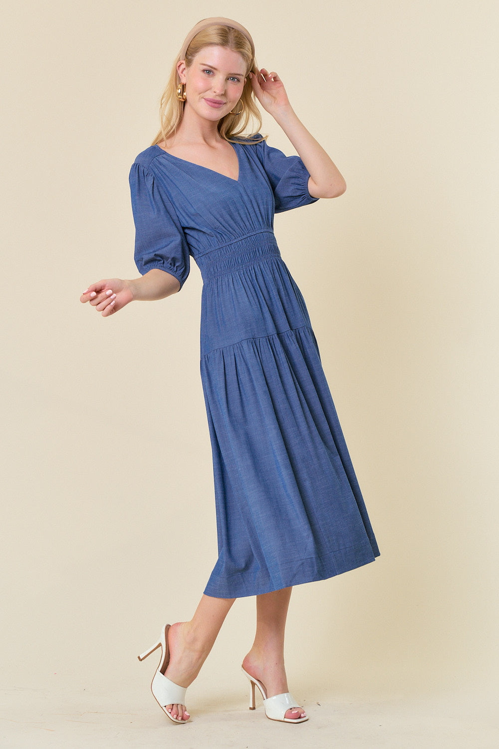 Tencel Blend V-Neck Puff Short Sleeve Dress