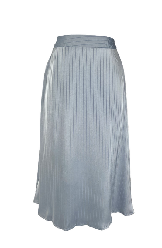 Dusty Blue Striped Satin Midi Skirt