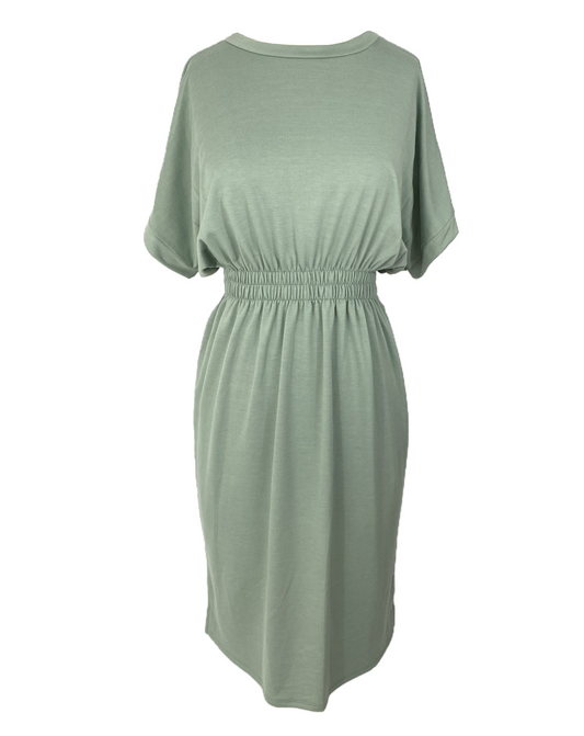 Folded Sleeve Midi Dress w/Smocking Waistline
