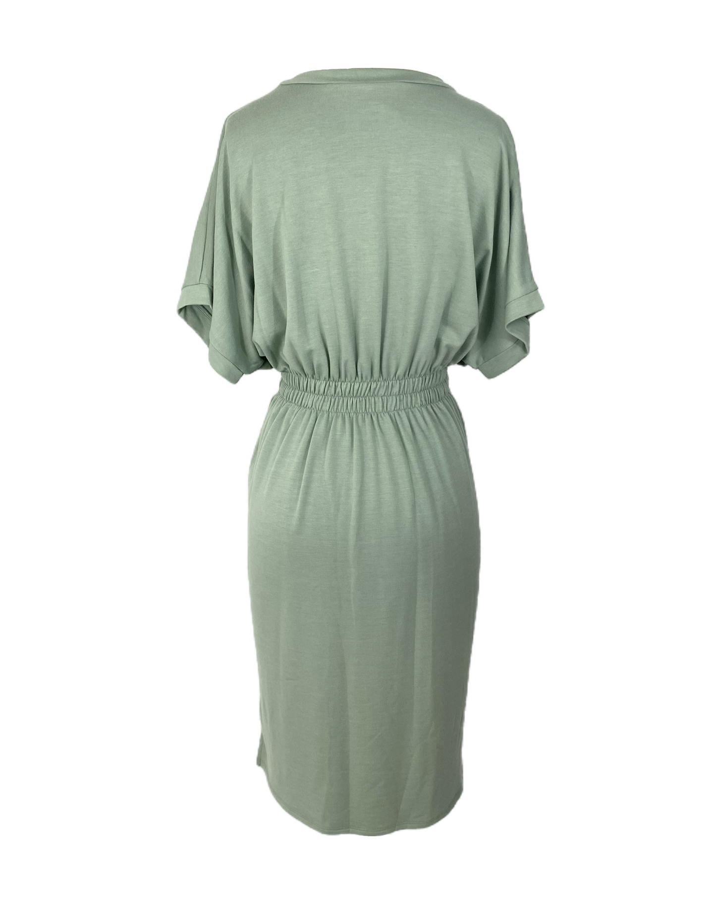 Folded Sleeve Midi Dress w/Smocking Waistline