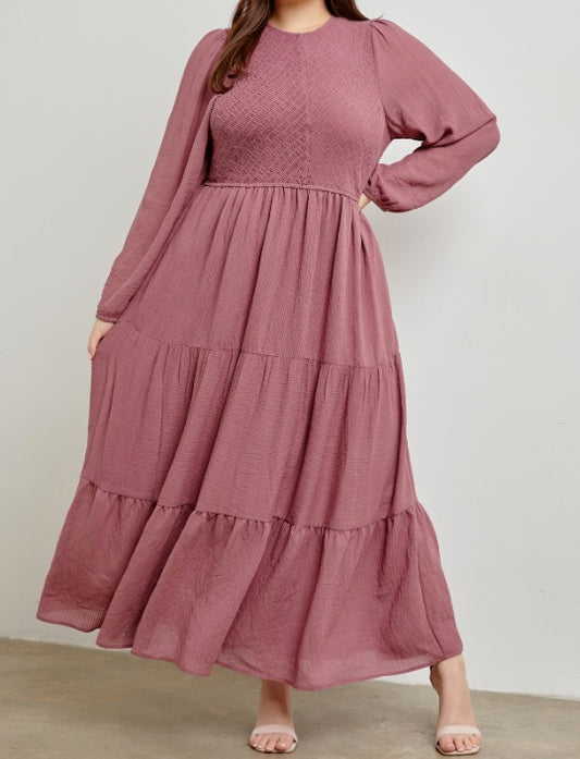 Smocked Bodice Long Sleeve Tiered Maxi