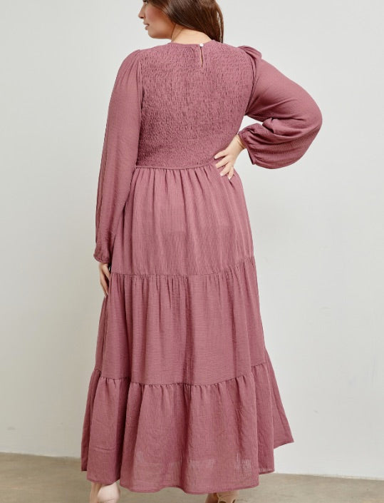 Smocked Bodice Long Sleeve Tiered Maxi