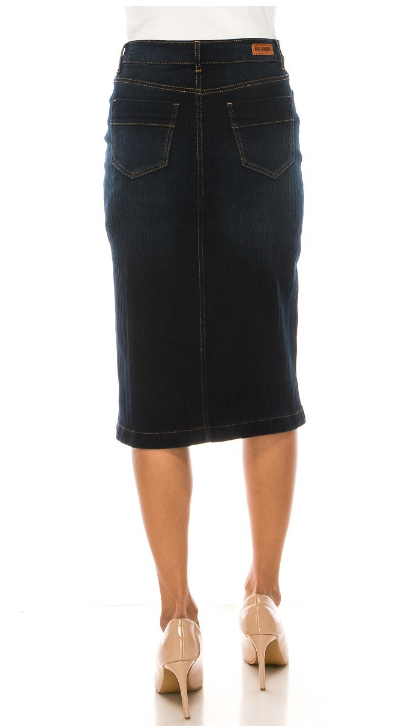 The "Aleida" Denim Calf Length Pencil Skirt