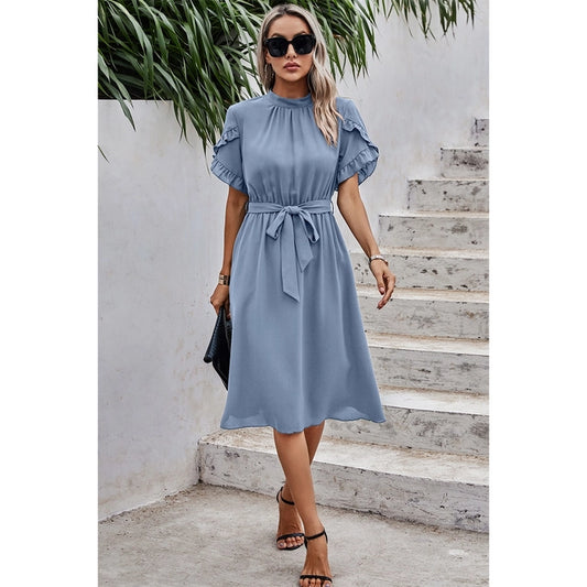 Puff Hem Ruffle Sleeve Belt Dress