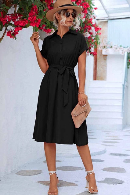 Roll Up Sleeve Tied Waist Shirt Dress